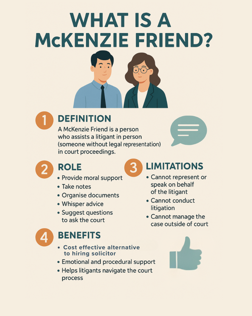 Infographic explaining the role and benefits of a McKenzie Friend in UK family courts.