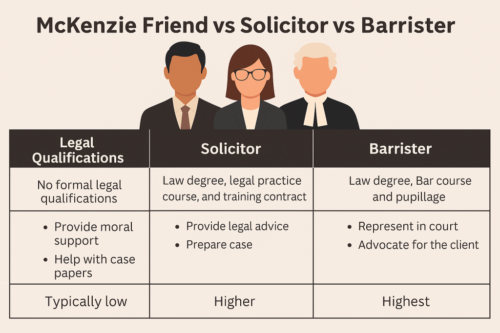 Side-by-side comparison chart showing differences between McKenzie Friends, solicitors, and barristers.