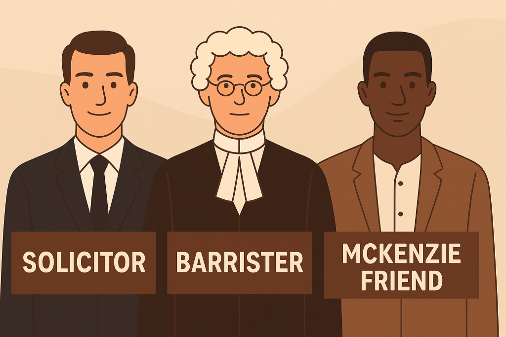 Digital illustration showing three legal roles: a McKenzie Friend offering support, a solicitor in consultation, and a barrister advocating in court.